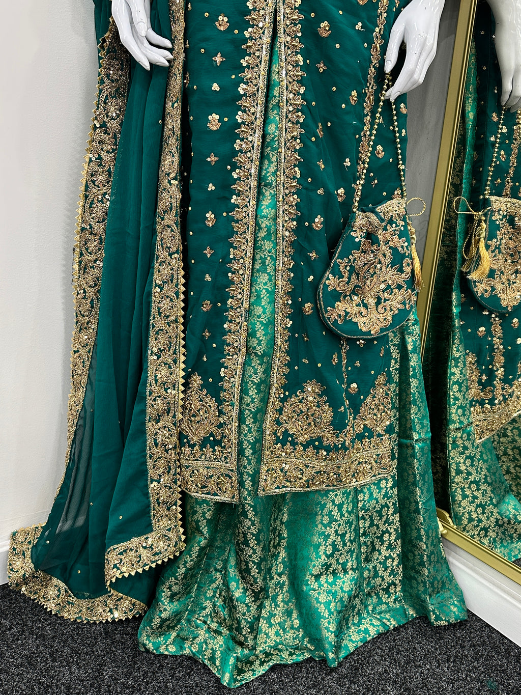 Luxury Chiffon outfit with lengha - Teal Green