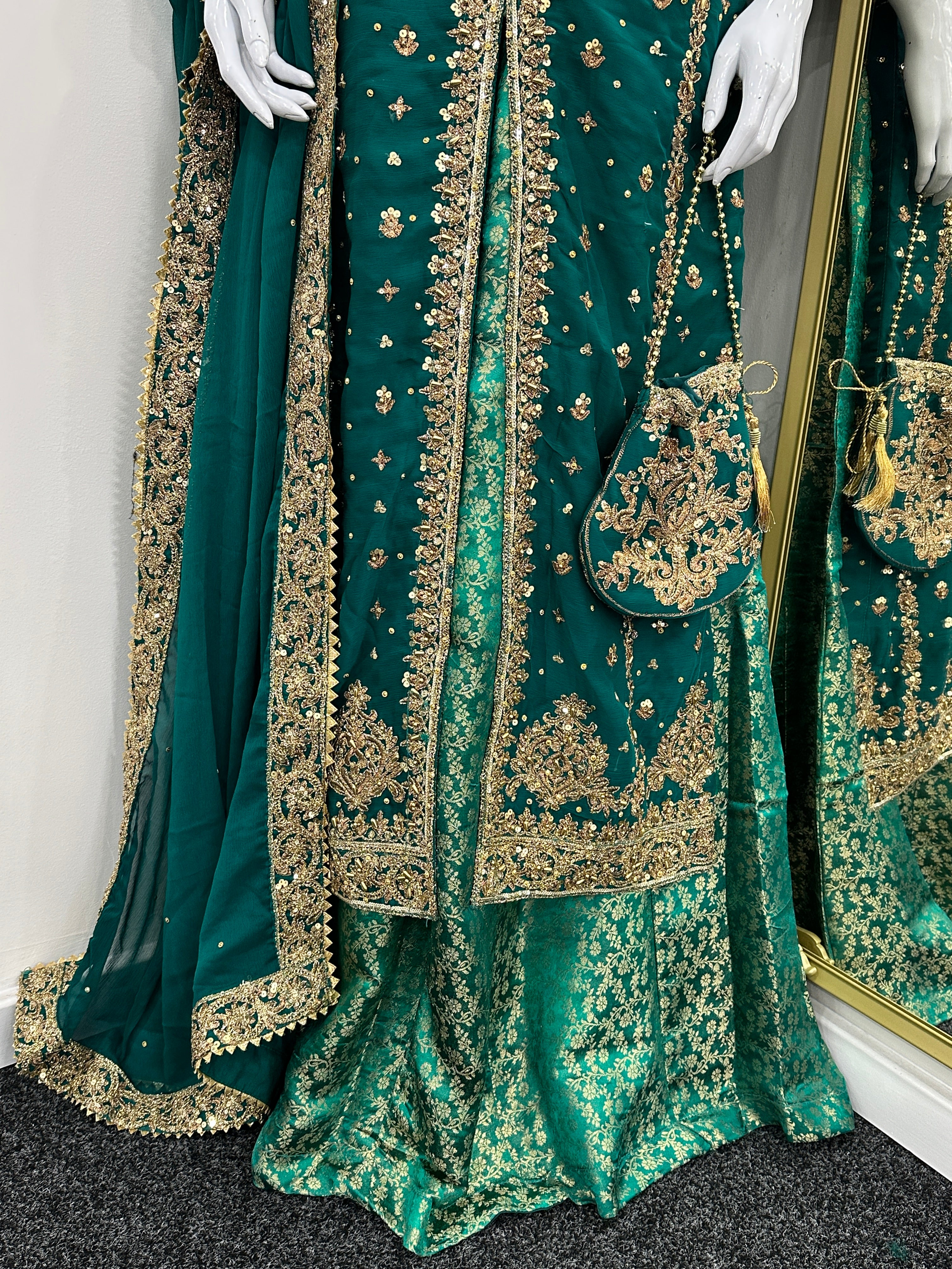 Luxury Chiffon outfit with lengha - Teal Green