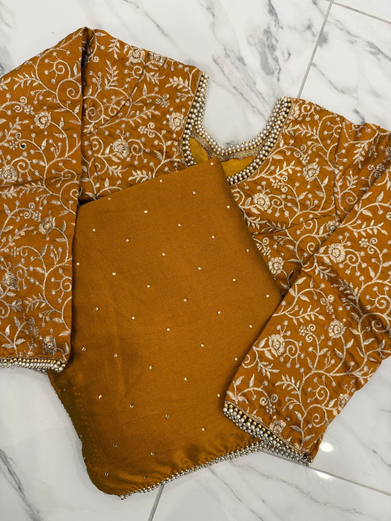 Diamanté pearl saree with embroidered blouse