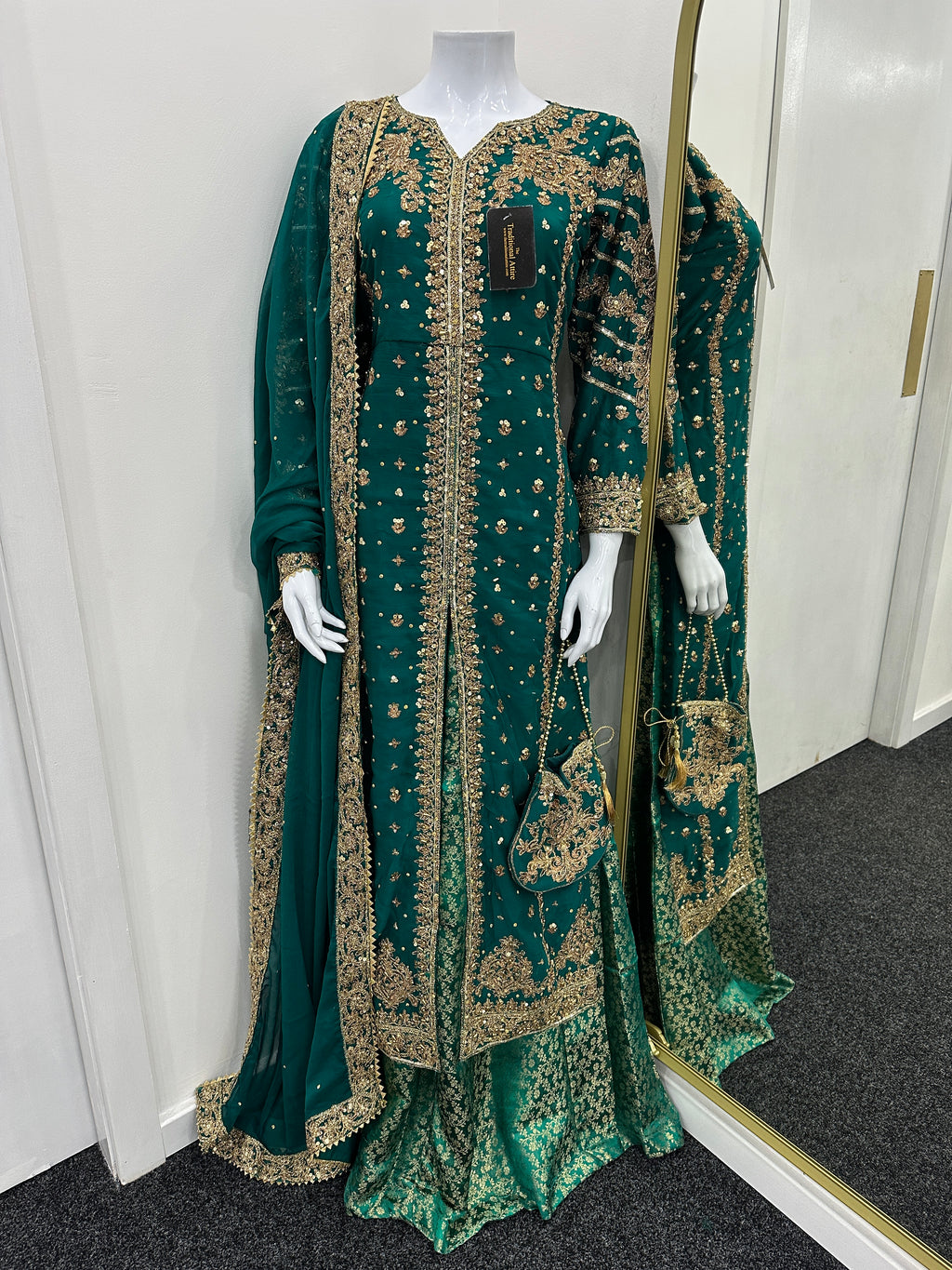 Luxury Chiffon outfit with lengha - Teal Green
