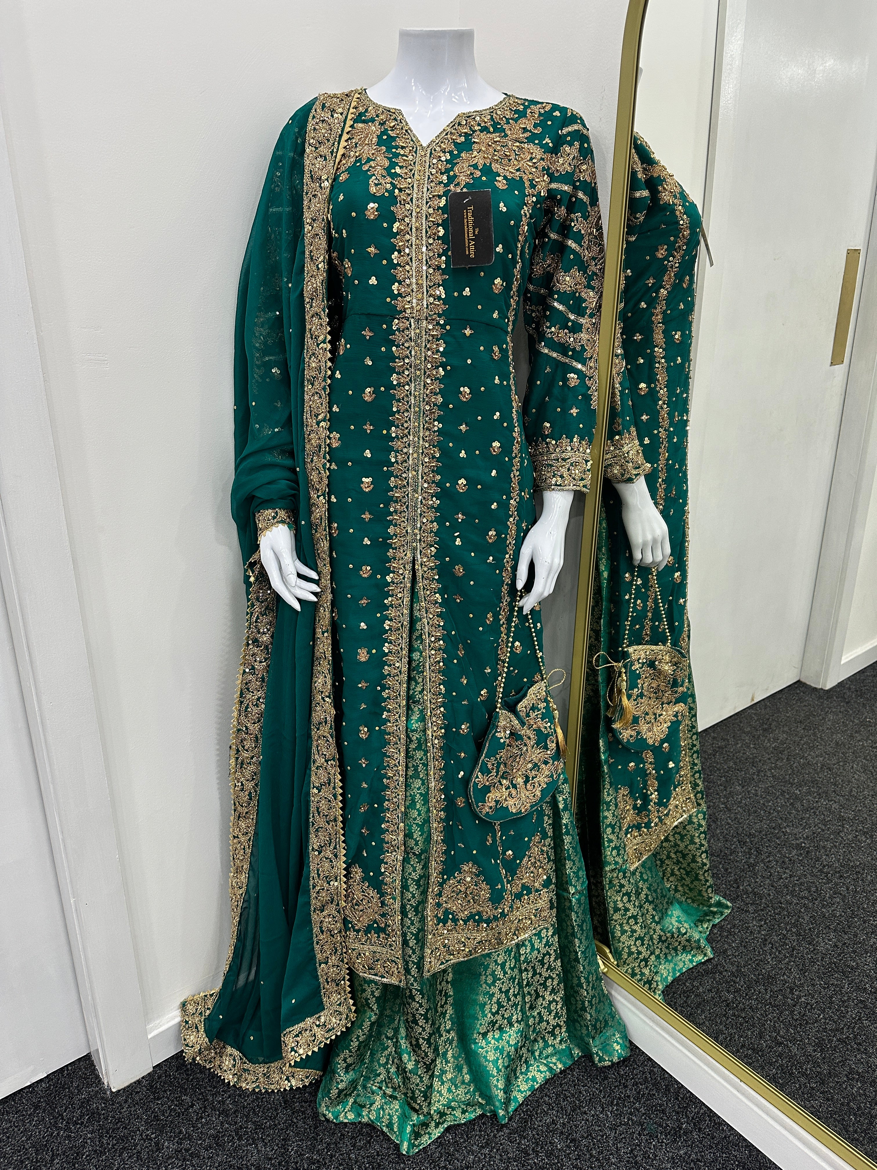 Luxury Chiffon outfit with lengha - Teal Green