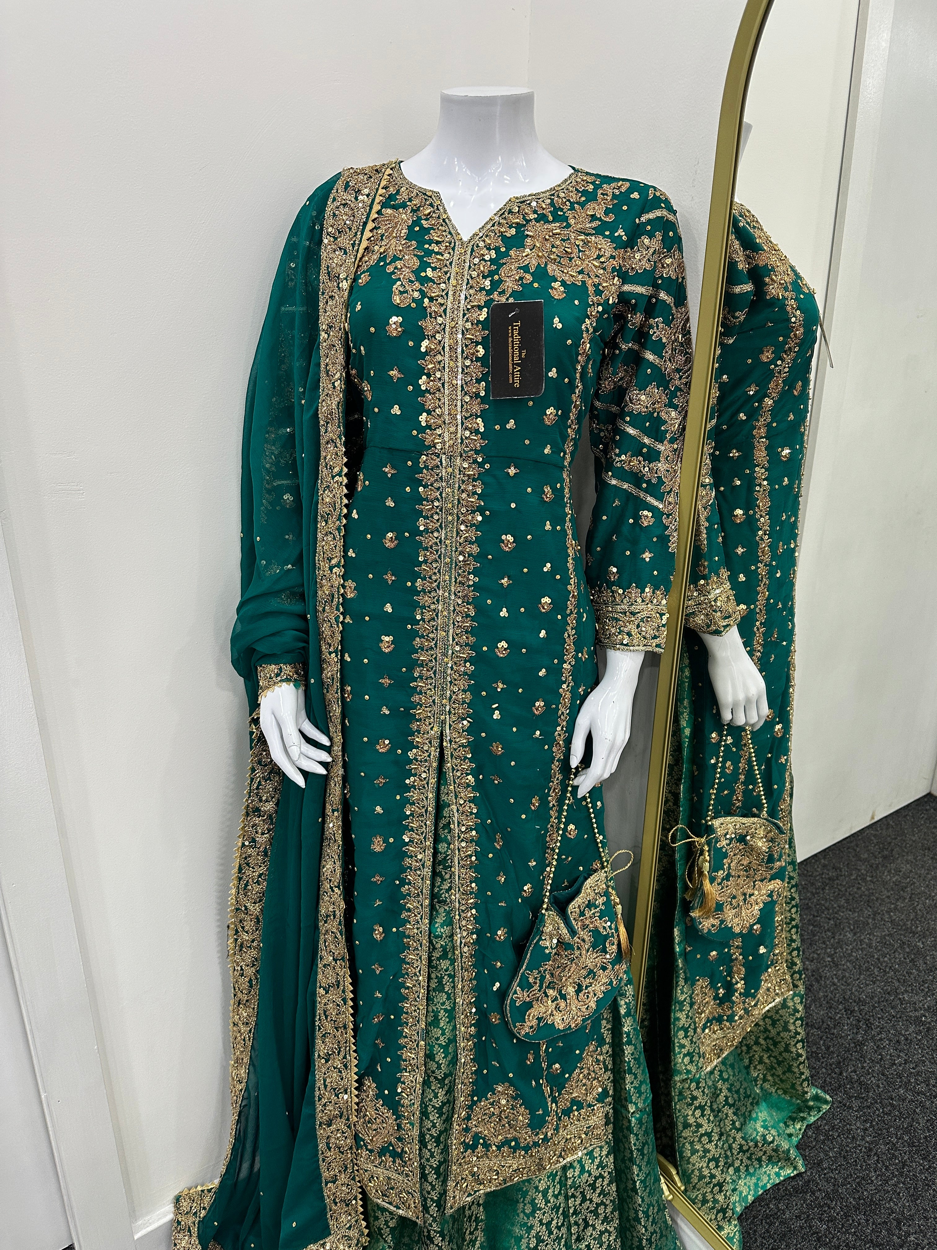 Luxury Chiffon outfit with lengha - Teal Green