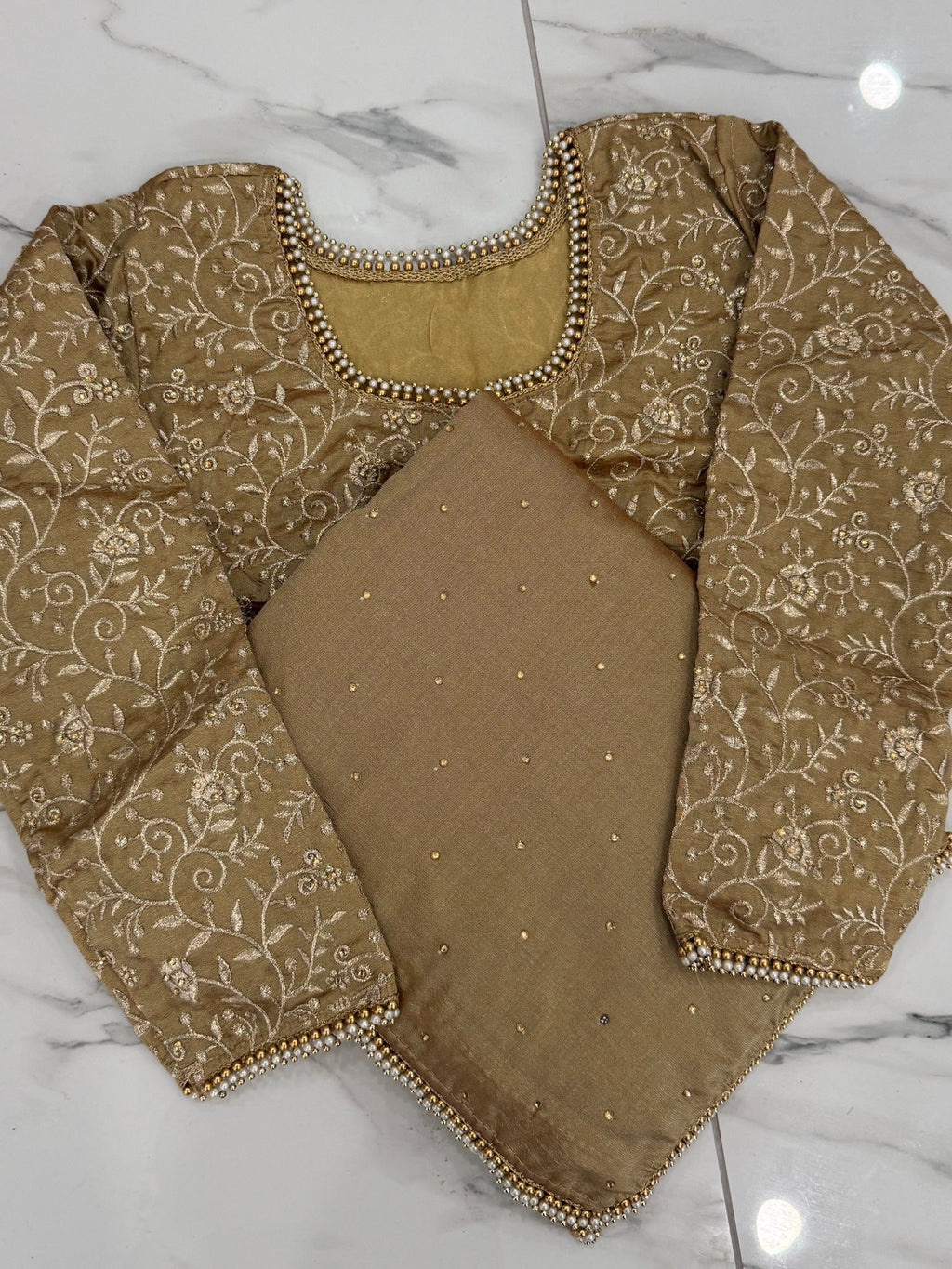 Diamanté pearl saree with embroidered blouse