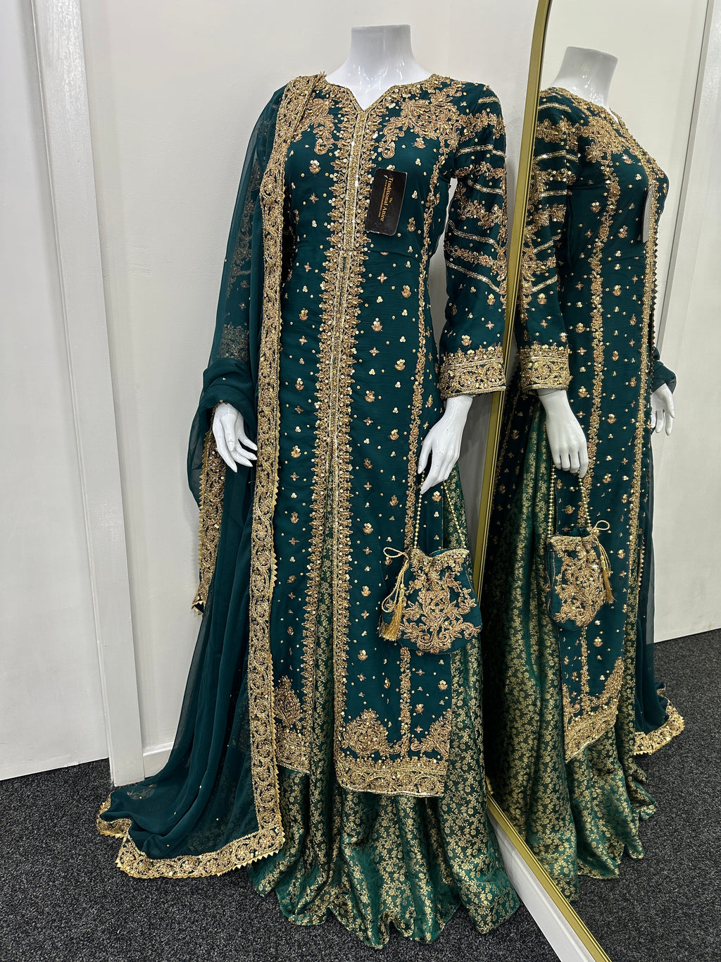 Luxury Chiffon outfit with lengha
 - Dark Teal