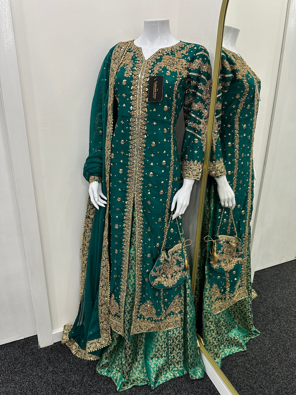 Luxury Chiffon outfit with lengha - Teal Green