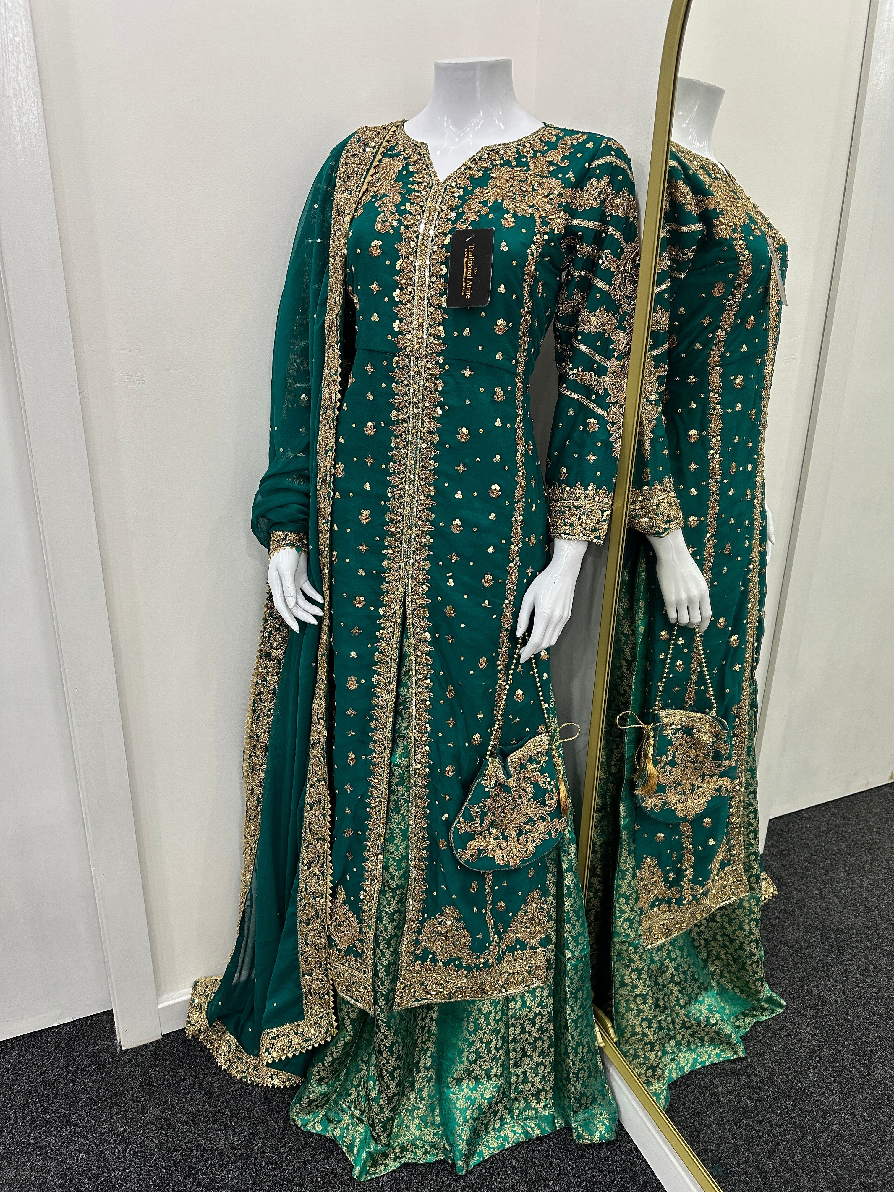 Luxury Chiffon outfit with lengha - Teal Green