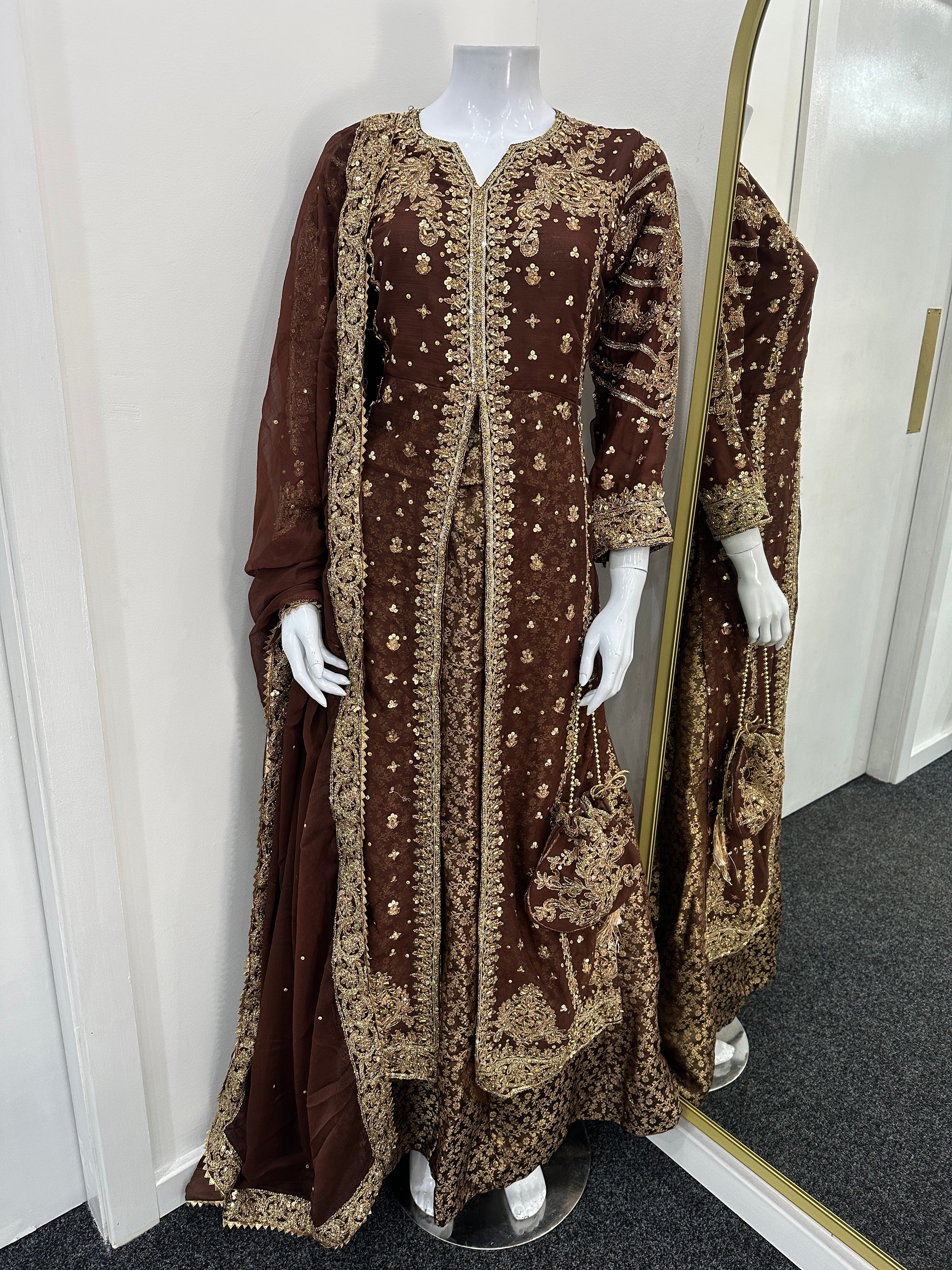 Luxury Chiffon outfit with Lengha - Brown