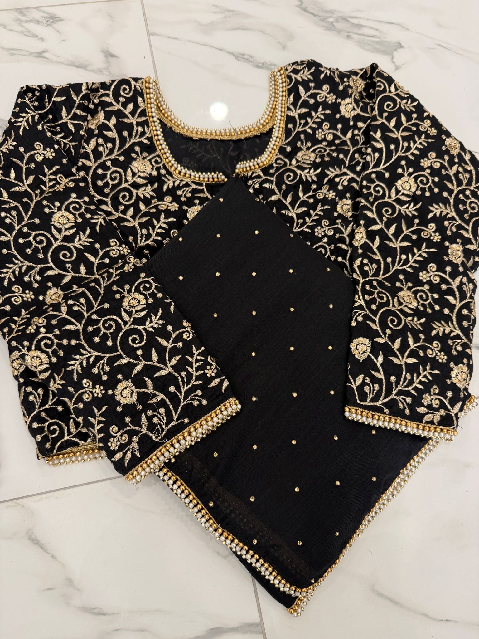 Diamanté pearl saree with embroidered blouse